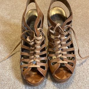 GUESS Lace-up Peep Toe Wedge Booties